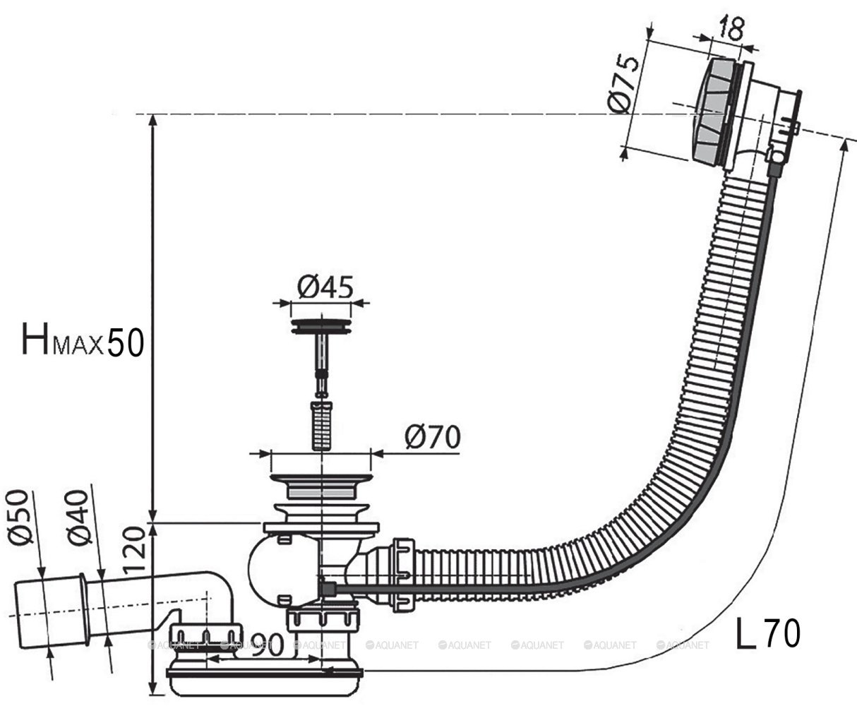 Слив-перелив для ванны Aquanet 70 см, хром